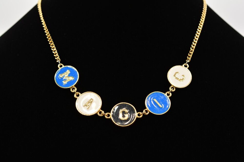 Chapel' MAGIC Necklace Collar Blue White Enamel Letters Gold Tone Signed BinA